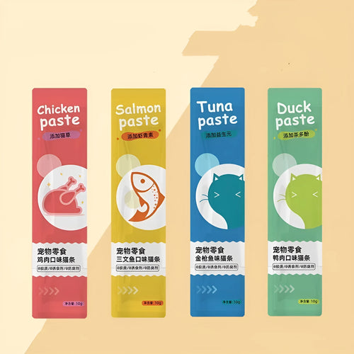 Pack of cat strip snacks showing four flavour varieties for adult cats