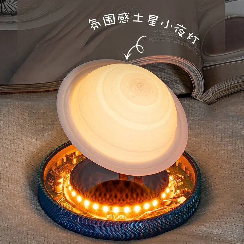 Magnetic levitation moon lamp floating above base with 3D-printed ornament and modern design
