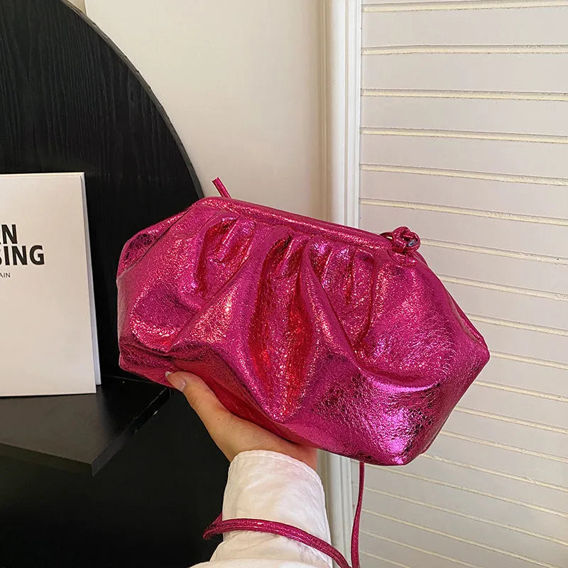 Rose Red PU leather shell-shaped crossbody bag with hair clip strap and multiple interior pockets.
