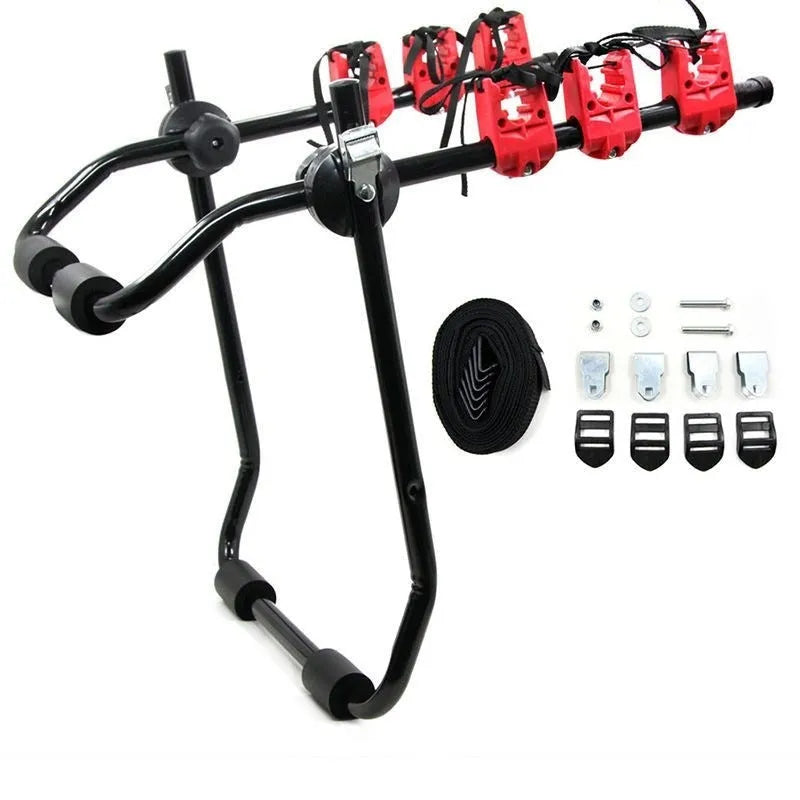 Black and red trunk-mounted car bike rack showing pull belt and tie rope fastening options