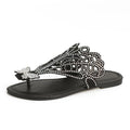 Women's black rhinestone flip-toe slip-on sandals with hollow design and flat rubber sole