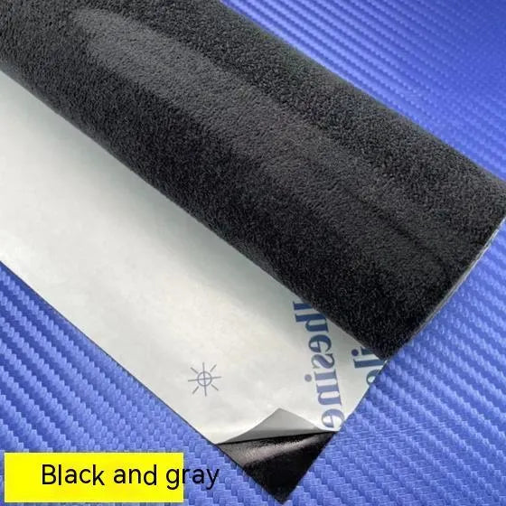 Self-adhesive suede fabric sheet in beige colour with adhesive backing visible, showing size options for interior decoration.