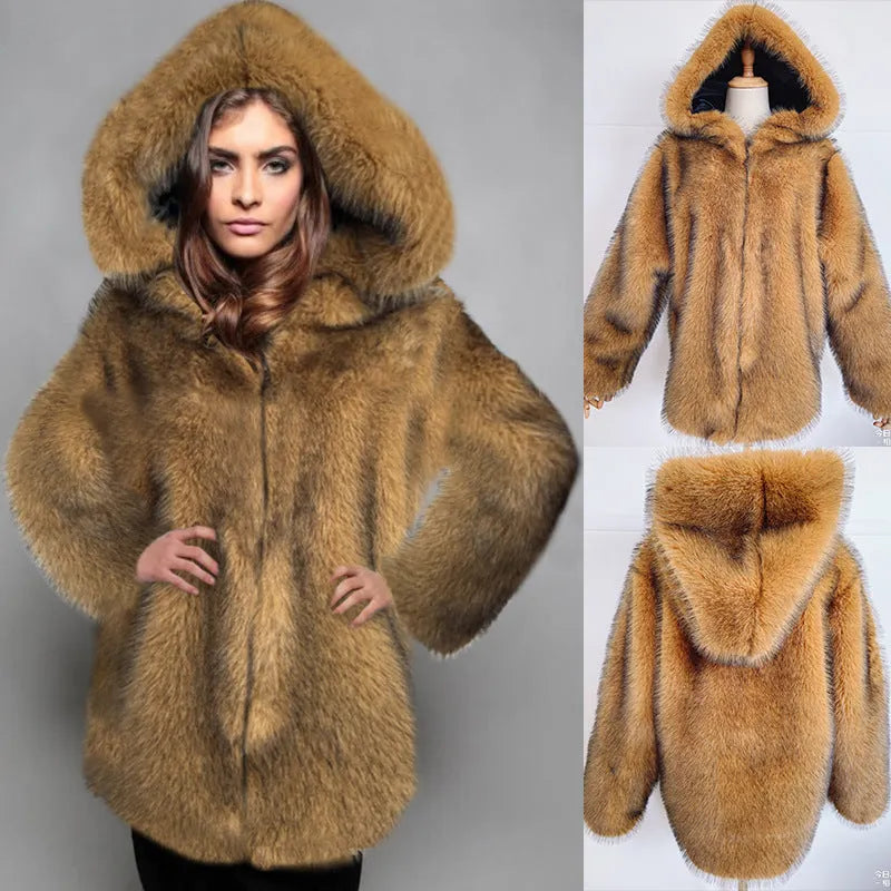 Women's silver grey artificial fur coat with loose fit and medium length design