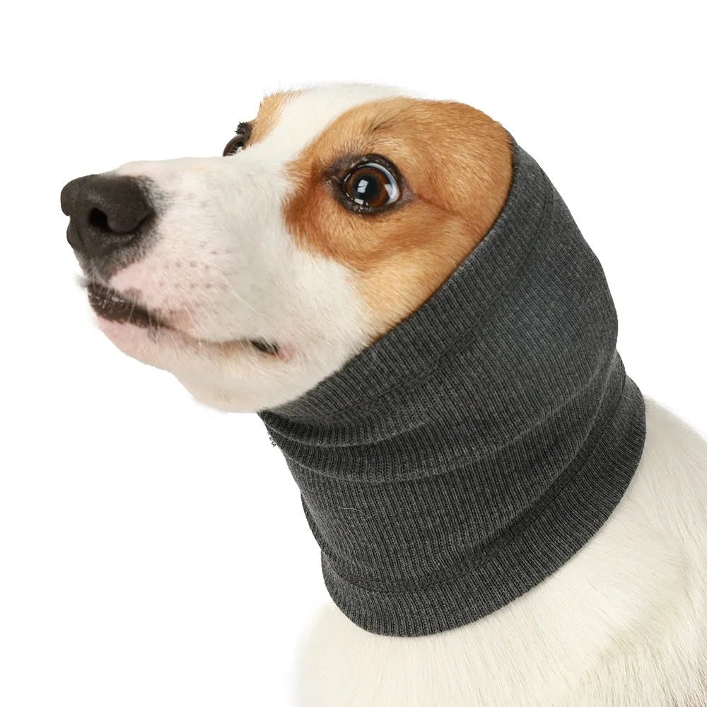 Blue and grey polyester dog headband scarf shown in small, medium, and large sizes.
