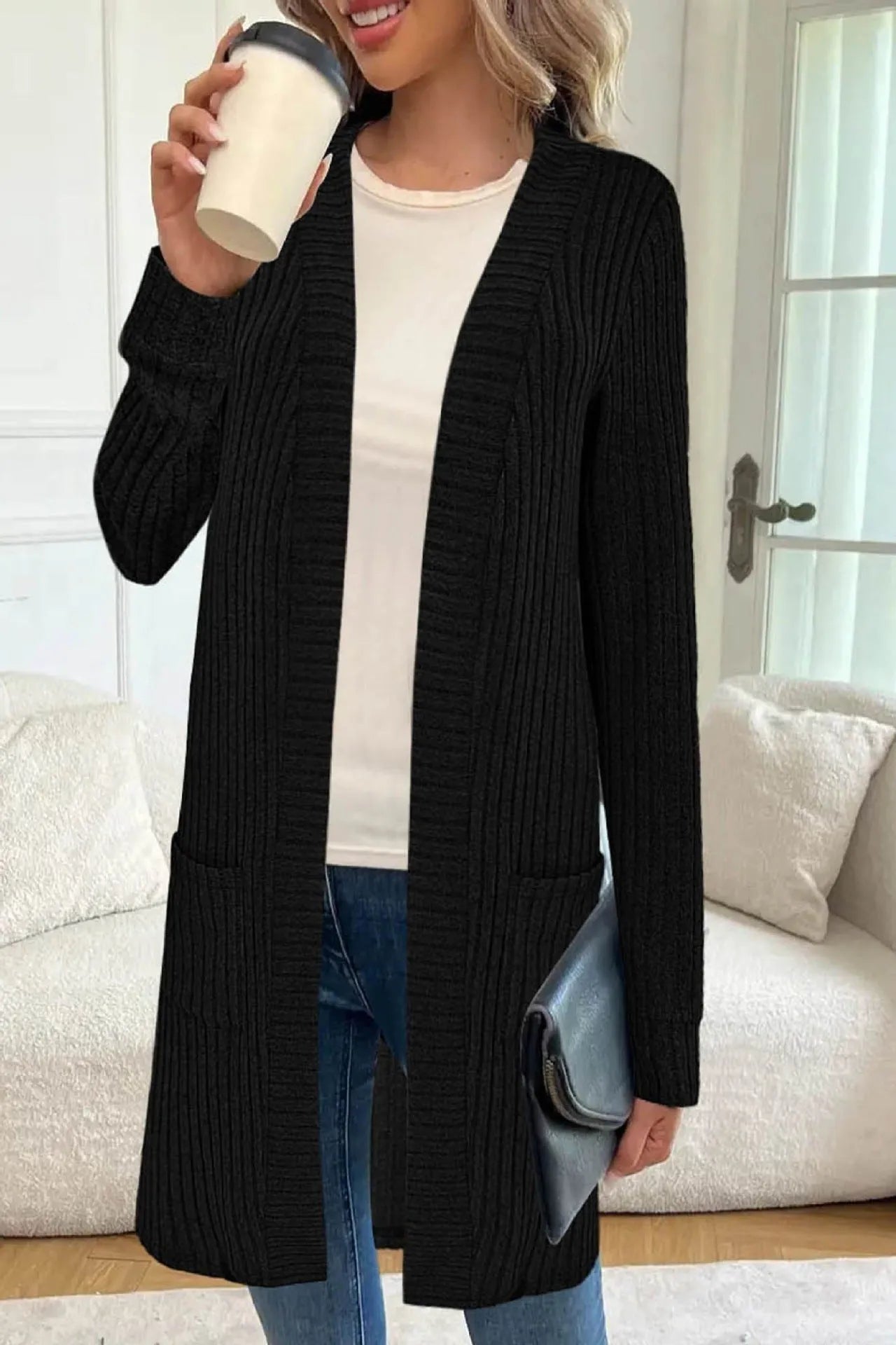 Long sleeve loose fit knitted cardigan jacket in black, wine red, or grey with pockets