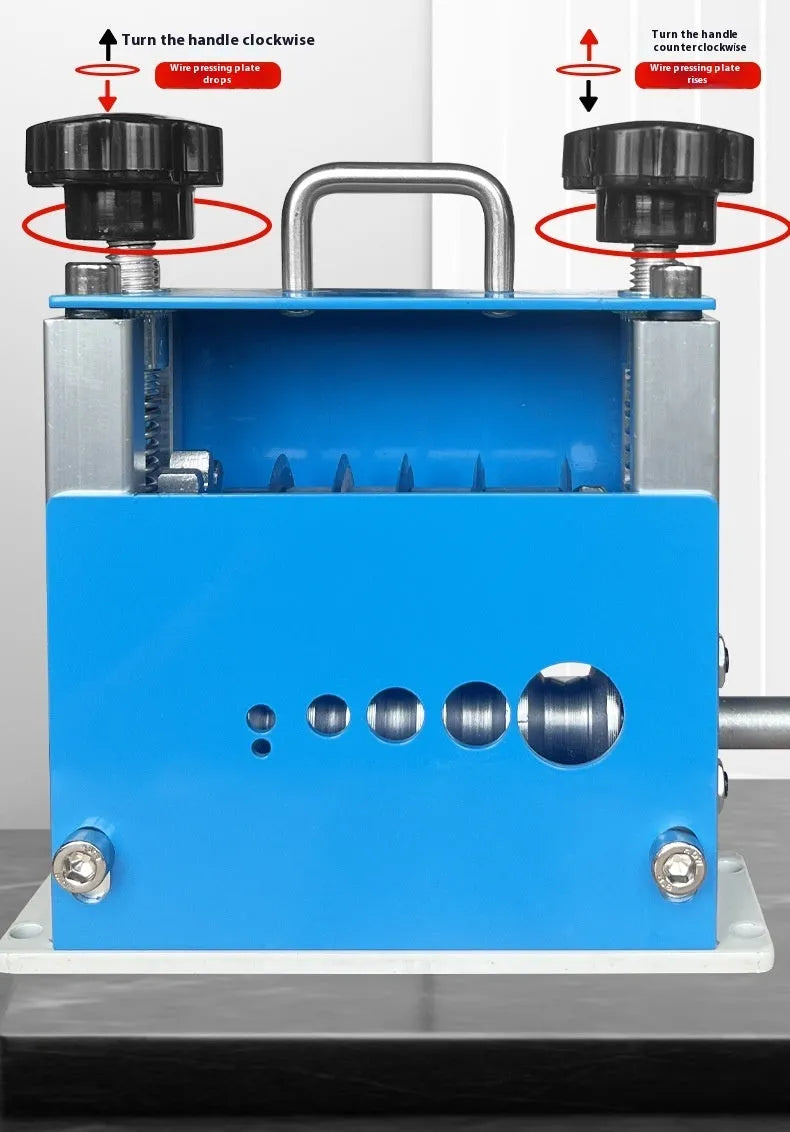 SD-017 manual wire stripping machine for 0.5-17mm diameter wires on a workbench.