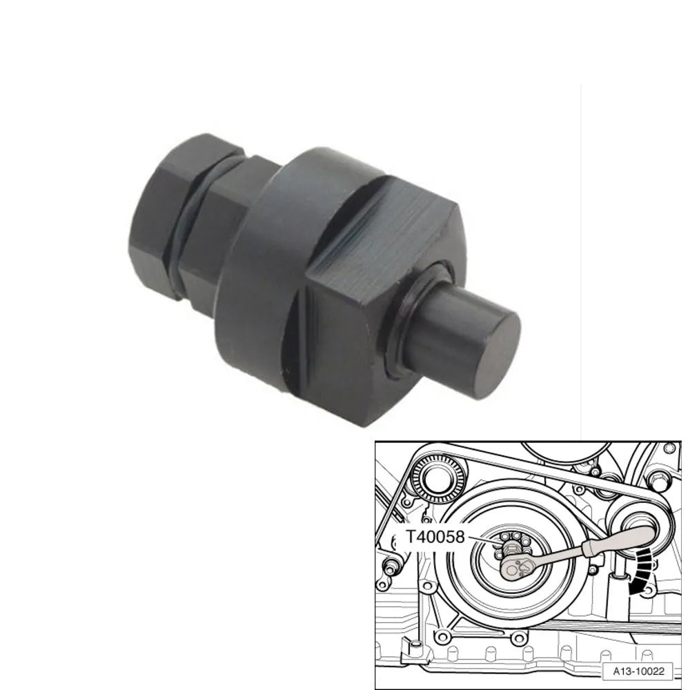 Aodi T40058 crankshaft rotating sleeve and adapter tool for Audi engine timing service.
