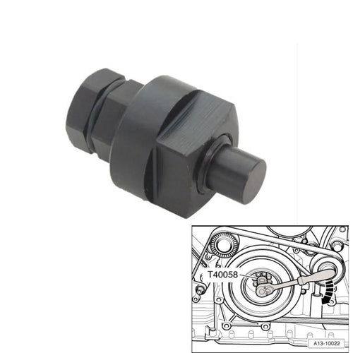 Aodi T40058 crankshaft rotating sleeve and adapter tool for Audi engine timing service.