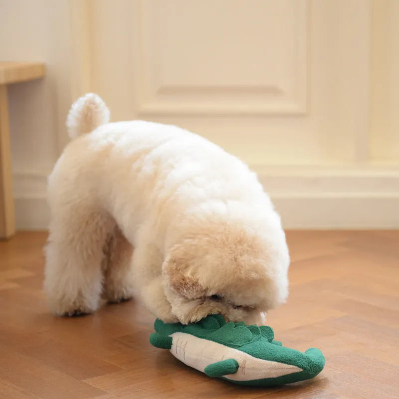 Green durable plush dog toy with squeaker, shown at 35 cm length for scale.