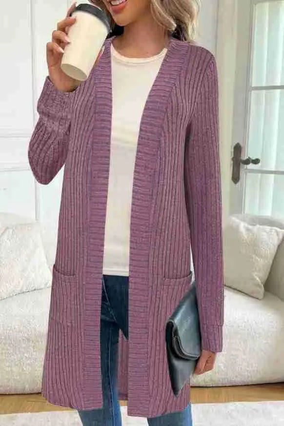 Long sleeve loose fit knitted cardigan jacket in black, wine red, or grey with pockets
