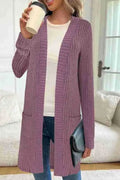 Long sleeve loose fit knitted cardigan jacket in black, wine red, or grey with pockets