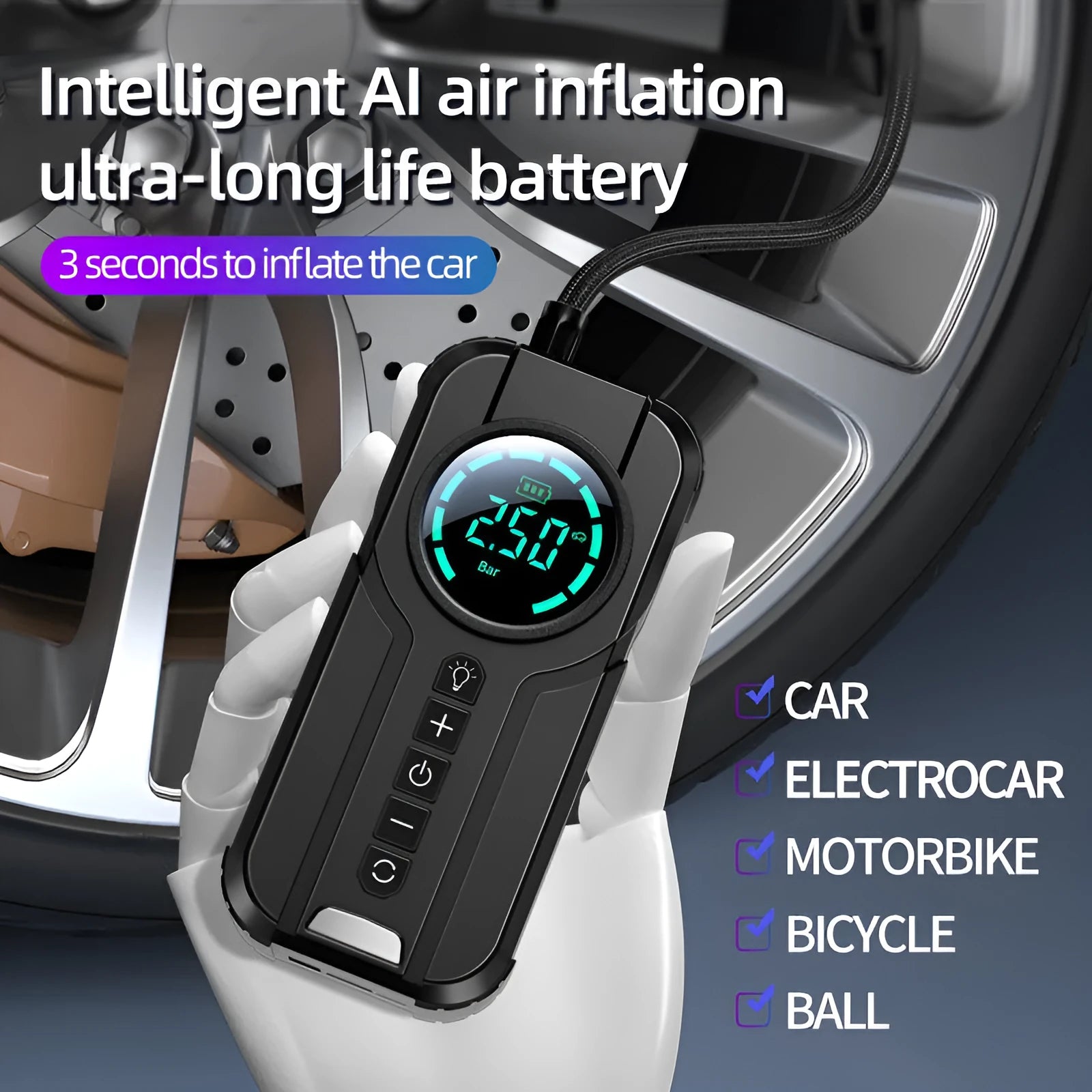 Black portable vehicle air pump with 13cm inflatable pipe, multiple nozzles and 3m power cable for 12V operation