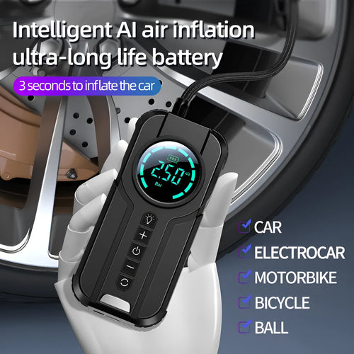 Black portable vehicle air pump with 13cm inflatable pipe, multiple nozzles and 3m power cable for 12V operation
