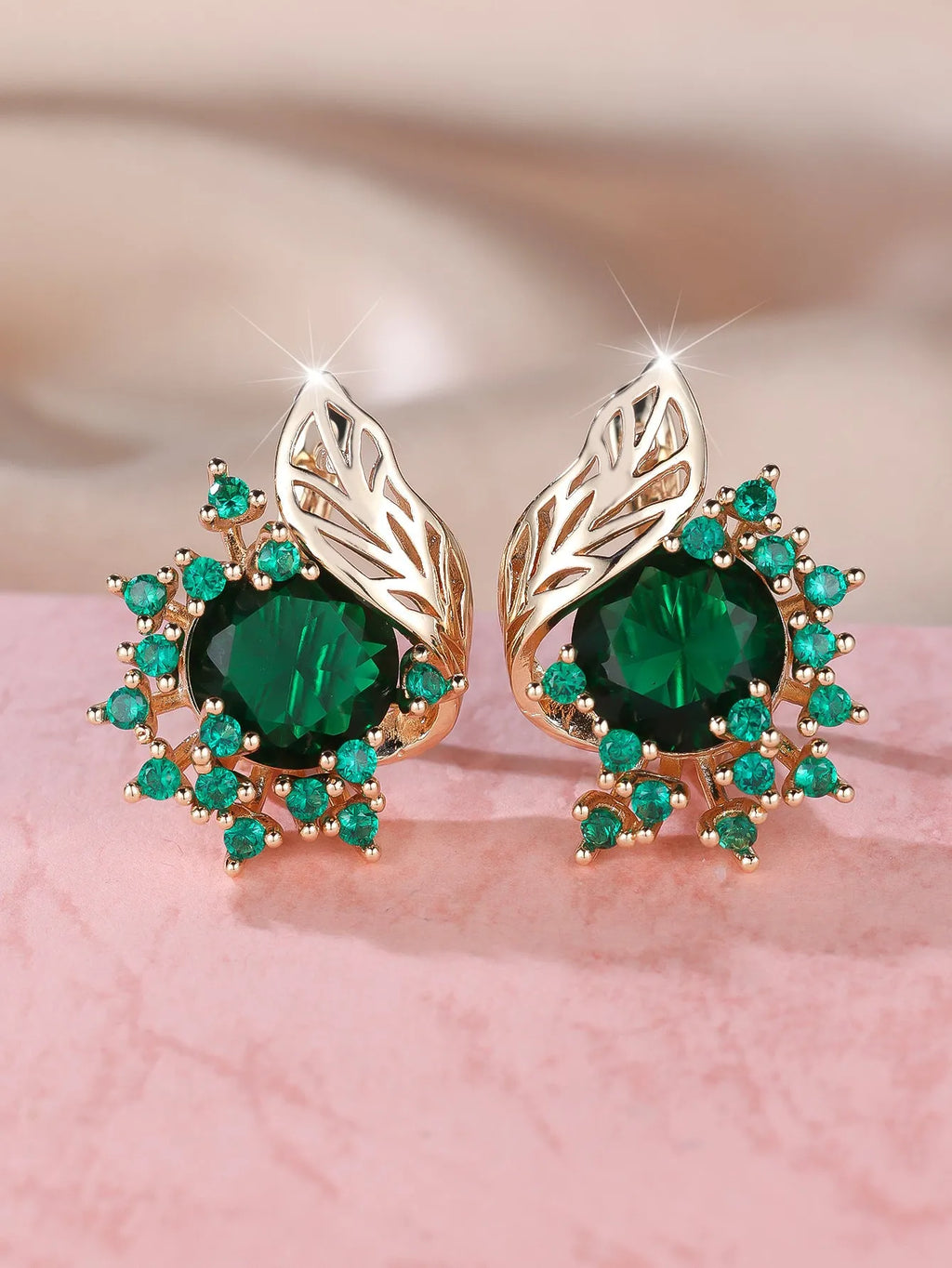 Round flowers feather zircon earrings in rose gold electroplated finish with multiple diamond colour options