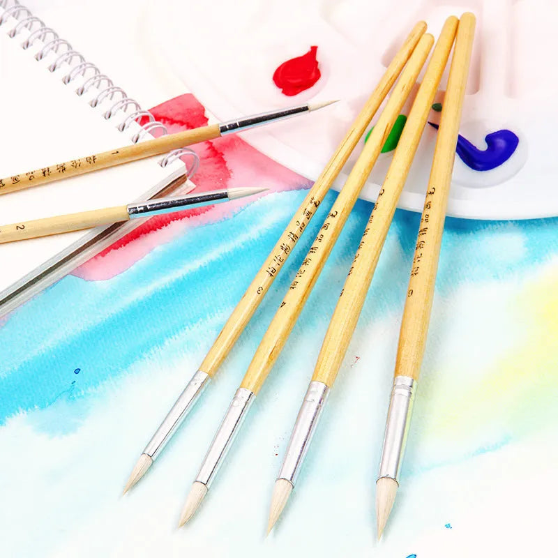 Set of six artistic wool pointed brushes with wooden handles for detailed painting