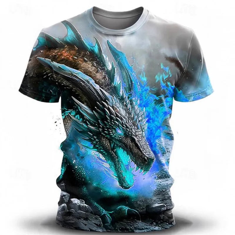 Men's grey T-shirt with a large blue 3D wind dragon print across the chest, short sleeves.