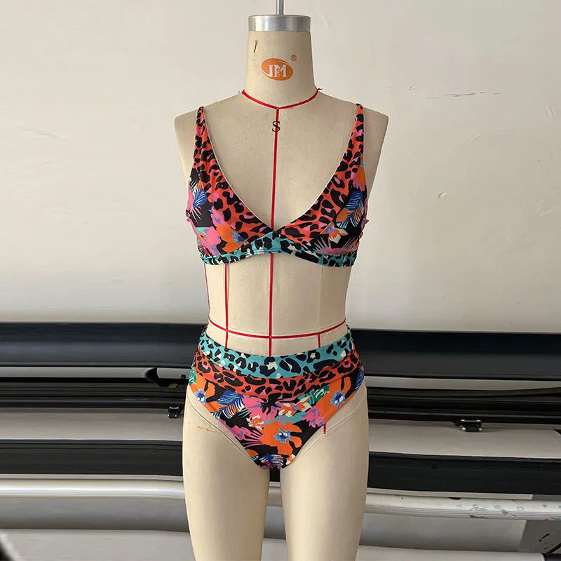 Women's high waist floral print bikini swimsuit set in polyester fabric