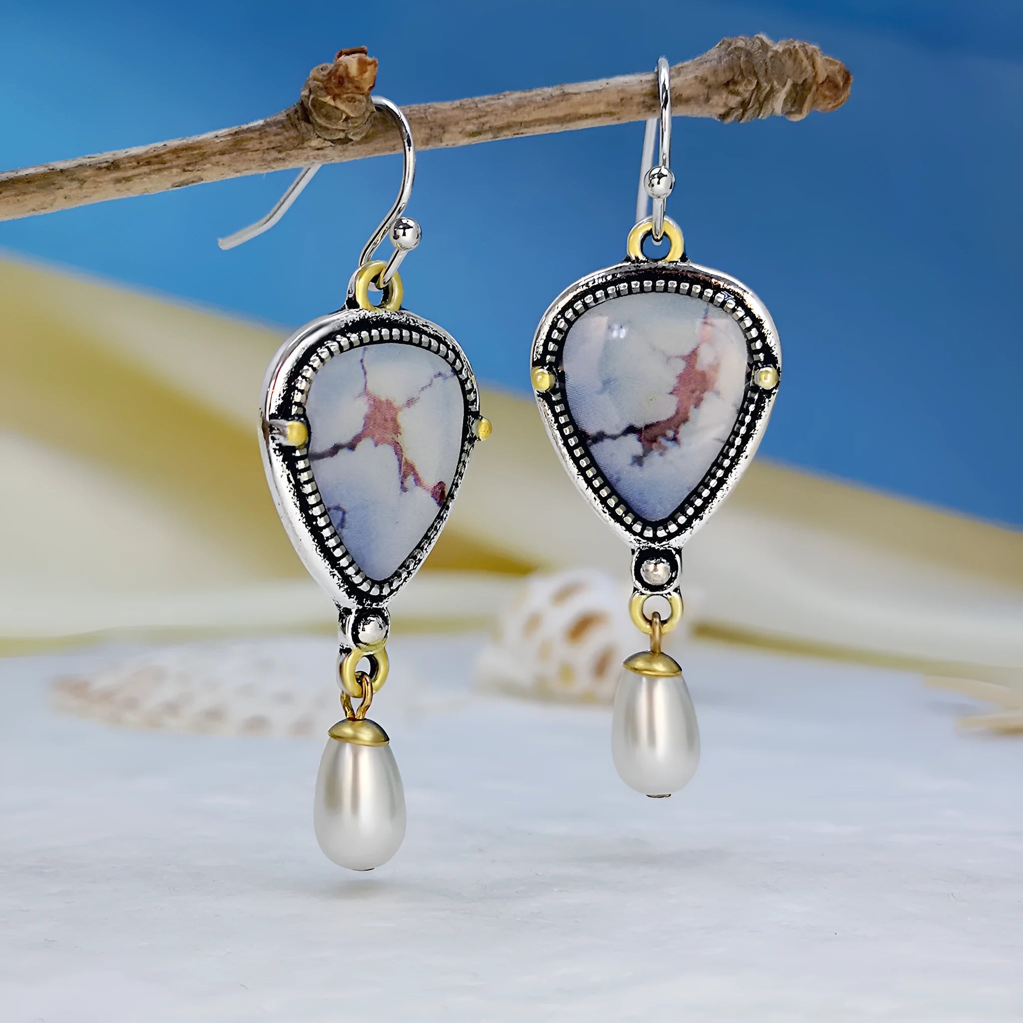 Retro blue geometric drop earrings with synthetic opal and pearl, two-colour electroplating