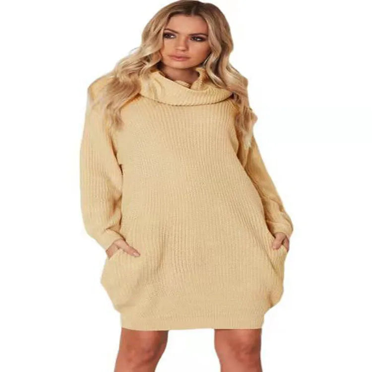 Women's lapel loose slim pullover sweater with front pocket in acrylic imitation cashmere fabric