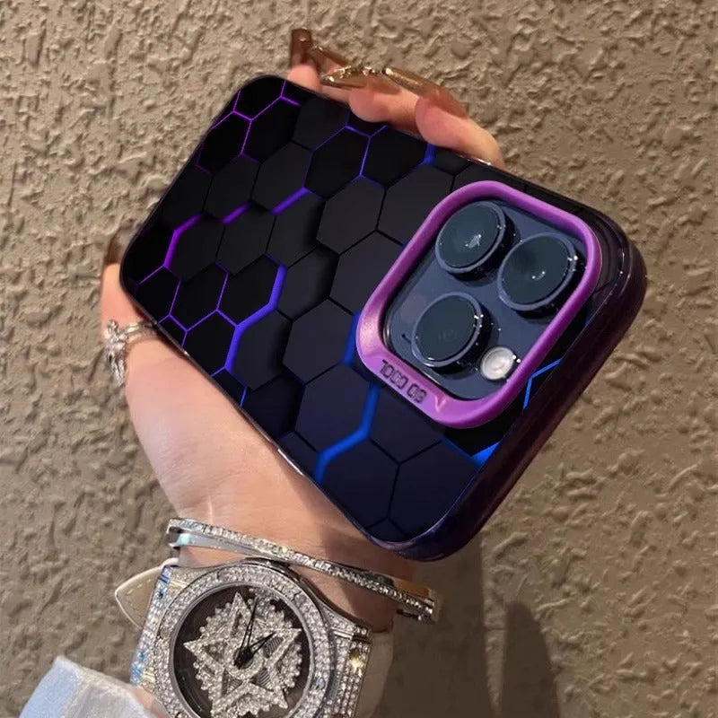 Frosted protective phone case for Apple iPhone with honeycomb square design in moonlight colours.