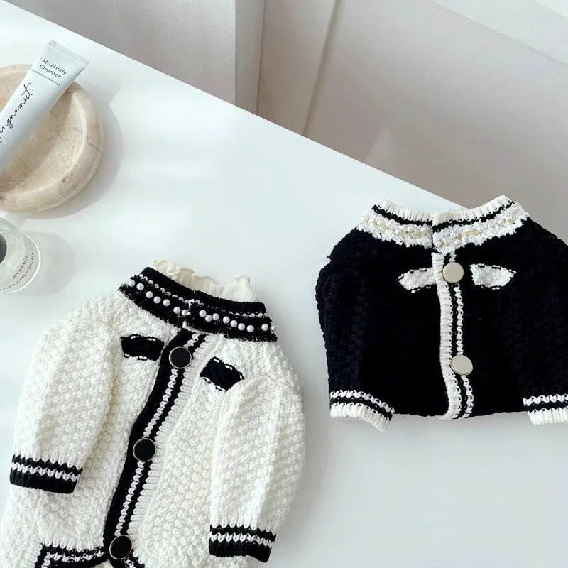 Korean style white puppy sweater with pearl collar detail on small dog, princess design pet clothing