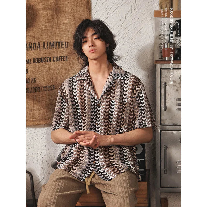Grey Japanese-style men's shirt with a Cuban collar and textured jacquard pattern, short sleeves.