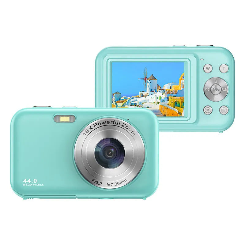Children's digital camera in black, green, pink, or purple with 2.4-inch screen and lens