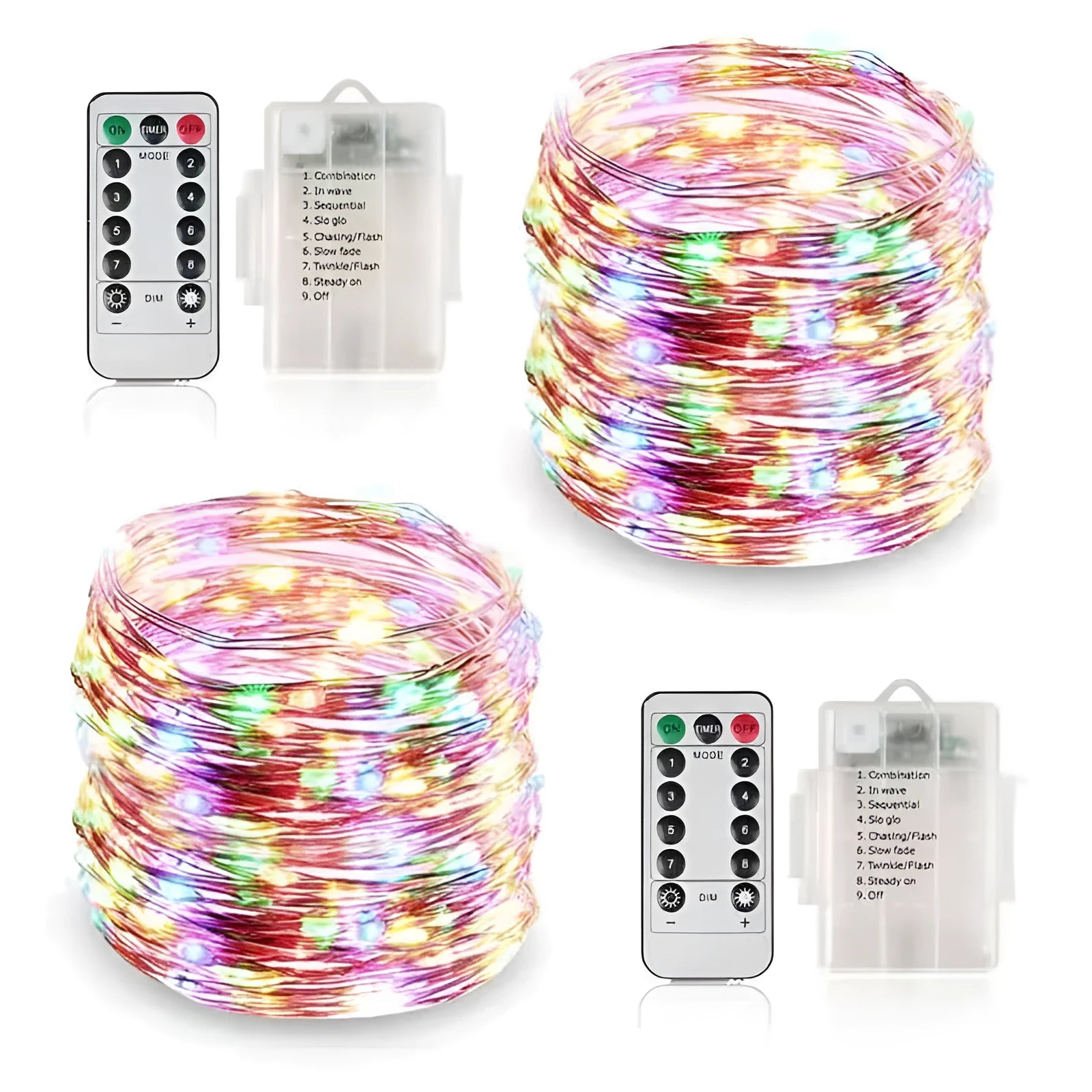 12 metre copper wire LED string lights with battery box and USB power option in various colours