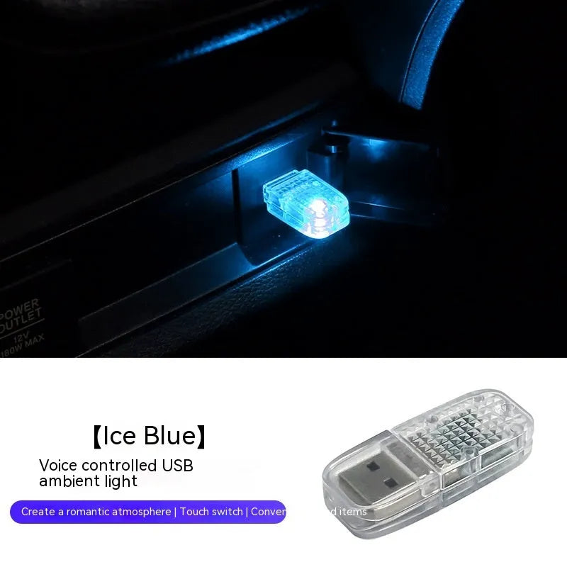 Multi-function USB car atmosphere light showing RGB and solid colour modes on a dashboard.