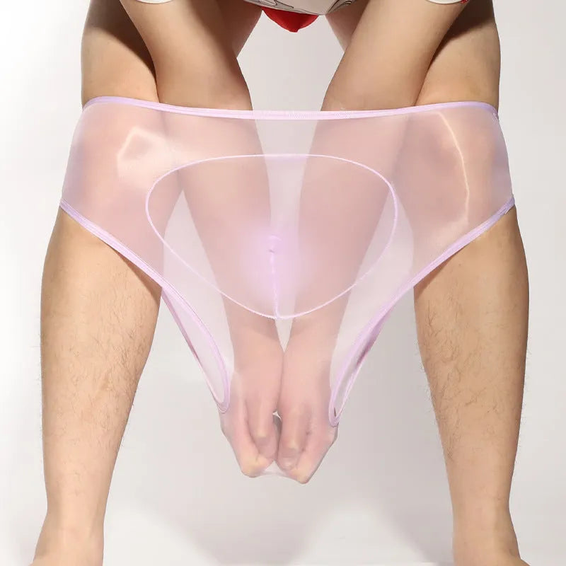 Ultra-thin shiny transparent nylon men's briefs with bullet separation, shown in multiple colour options.