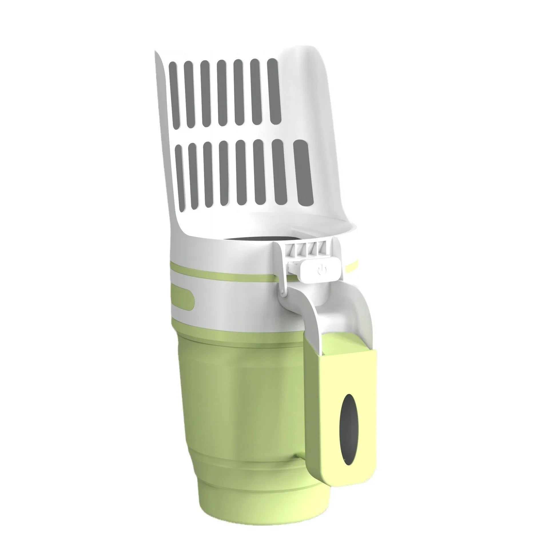 Grey cat litter scoop attached to a waste bin with a lid, showing foldable bottom and non-slip handle.