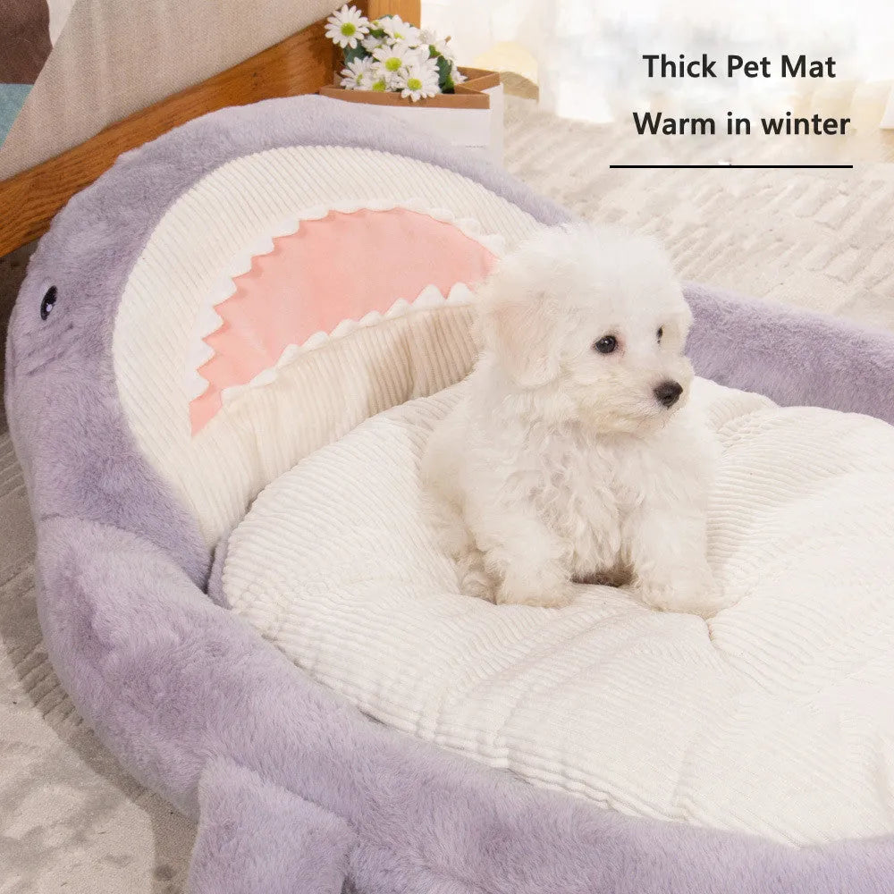 Blue shark pattern pet bed with non-slip base for small to medium dogs