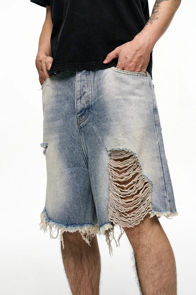 Light blue men's baggy denim shorts with a wide leg and mid waist on a plain background.