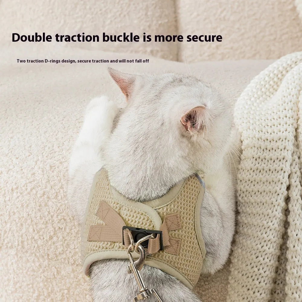 Brown waffle pattern cloth cat harness with adjustable chest strap for small to medium-sized felines