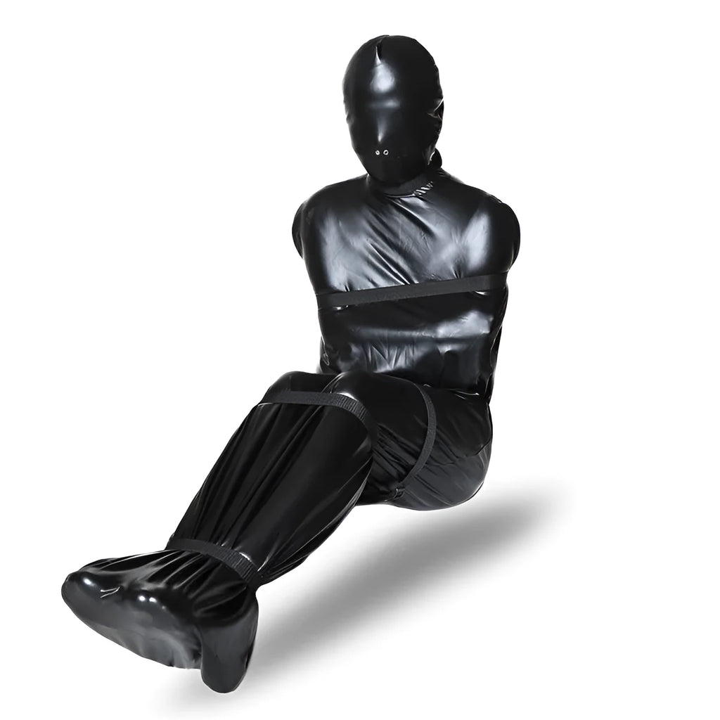 Black patent leather bondage kit showing body wrap garment and six ratchet tie-down straps