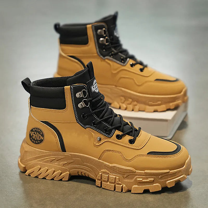Men's black and yellow Martin boots showing high-top design with artificial PU upper and injection-moulded sole