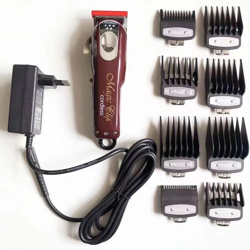 Cordless charging hair clipper with stainless steel blade and EU UK US plug adaptors