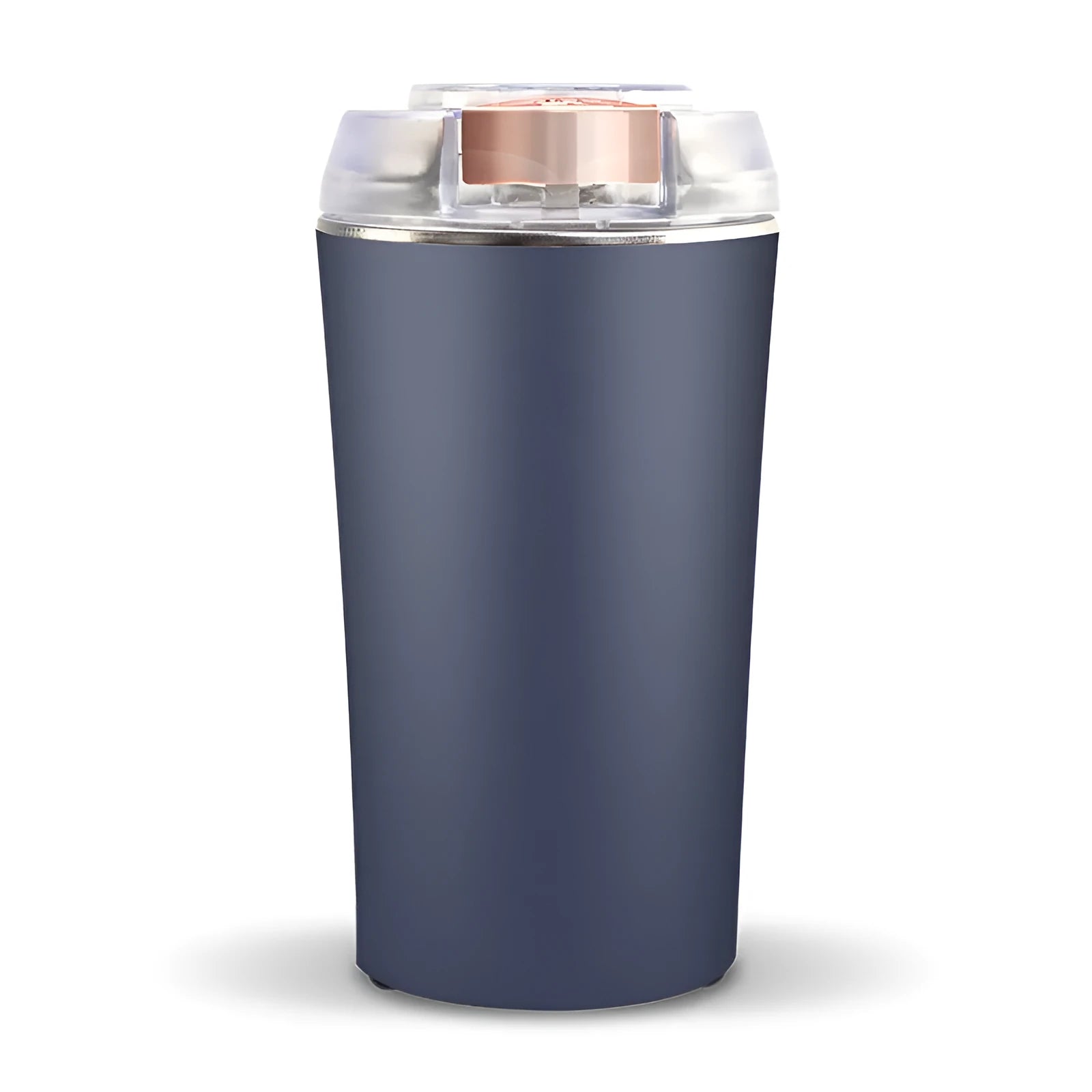Blue mini electric grain and spice grinder with stainless steel blade on a kitchen worktop