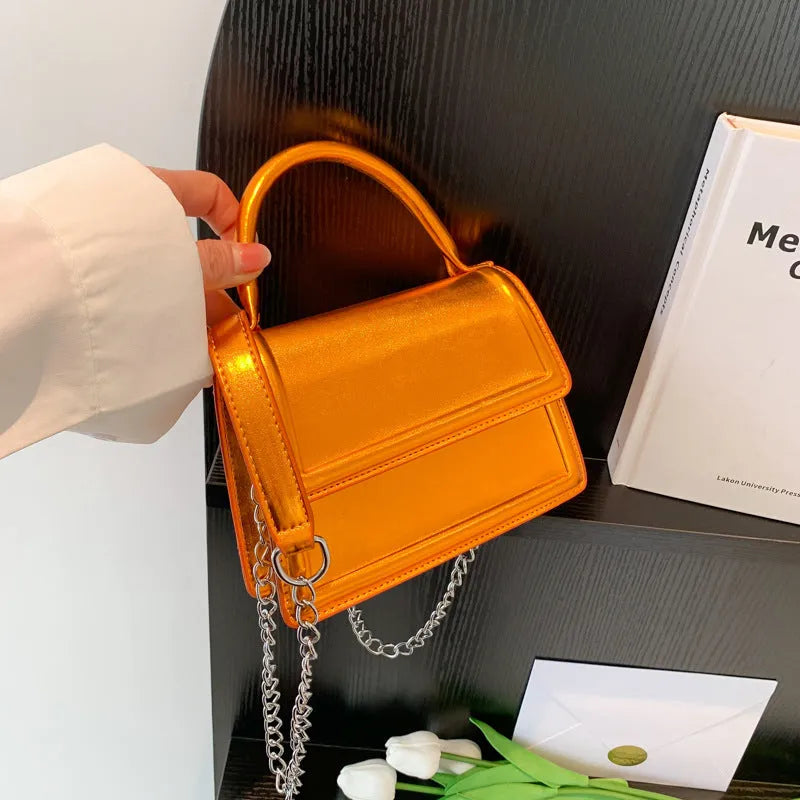 Silver PU leather crossbody shoulder bag with square shape and sewing line detail
