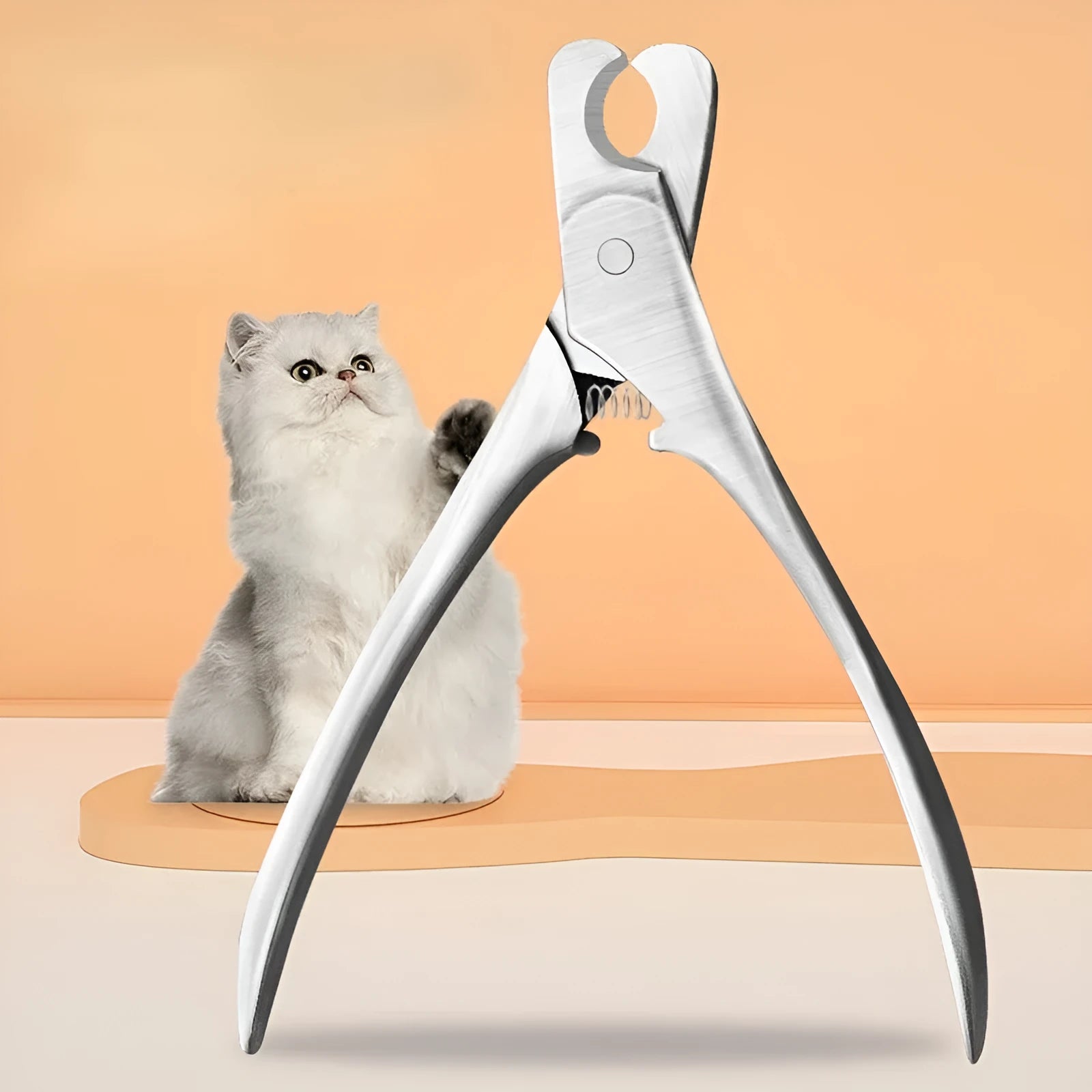 Silver pet nail clipper with stainless steel blades and safety guard for trimming dog and cat claws