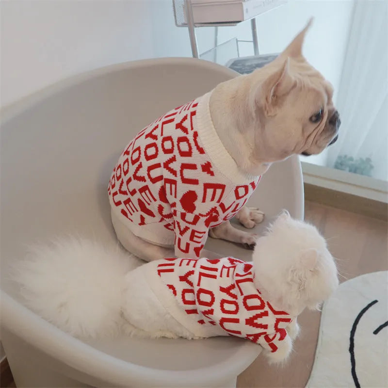 Red dog padded warm sweater made from rabbit velvet core-spun yarn on white background
