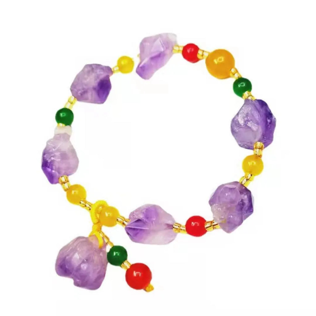Women's natural amethyst bracelet with shaped stone beads and fu character decorative elements