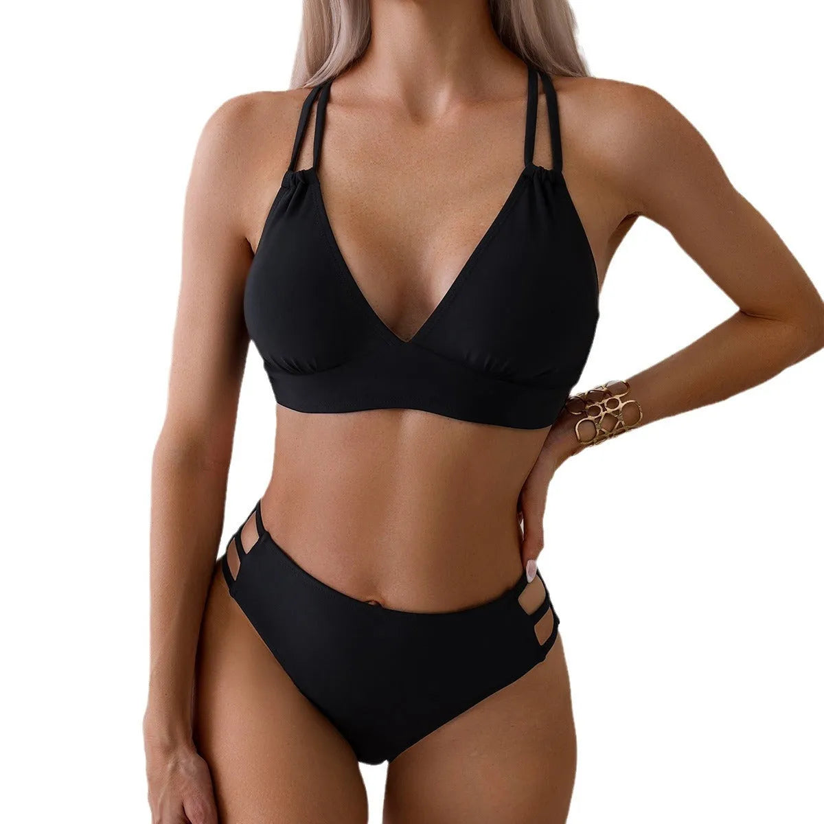 Women's V-neck halter bikini swimsuit with split bottoms in multiple colour options