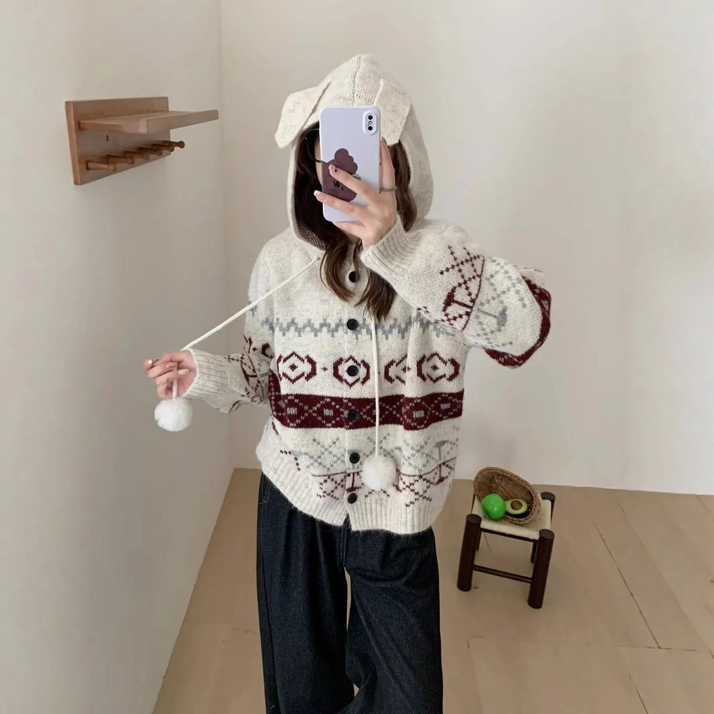 Plus size women's brocade sweater coat with geometric pattern in milky white beige colour