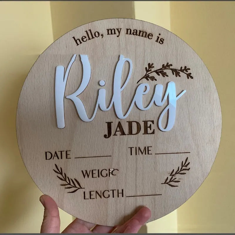 Square wooden plaque for baby's name and birth details on plywood