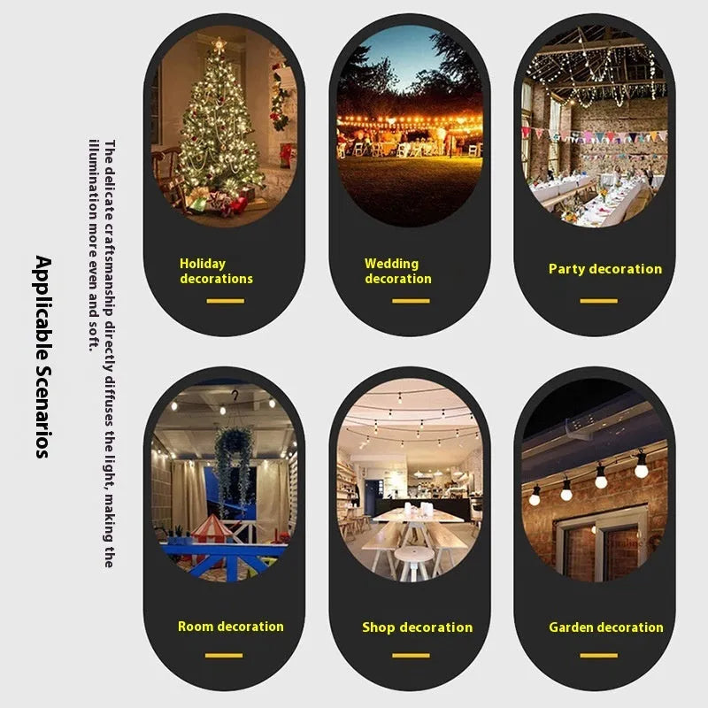 Waterproof outdoor string lights with transparent meteor-style bulbs for wedding decoration