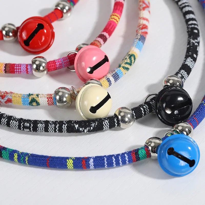Ethnic pattern adjustable pet collar with bell attachment in multiple colour options