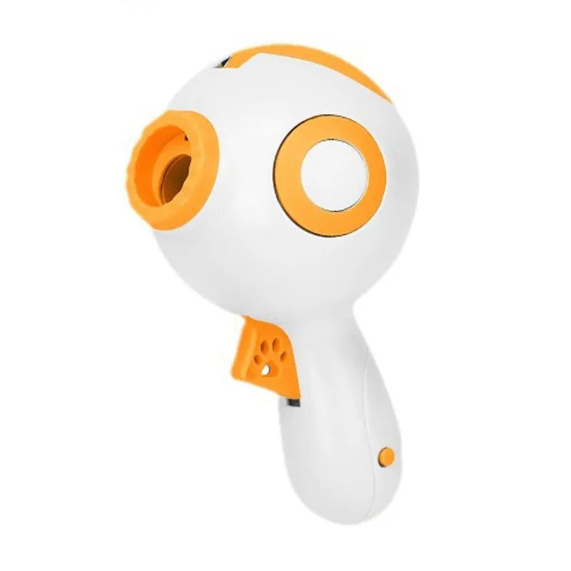 Green, orange, and pink ABS plastic dog treat launcher toy on a white background.