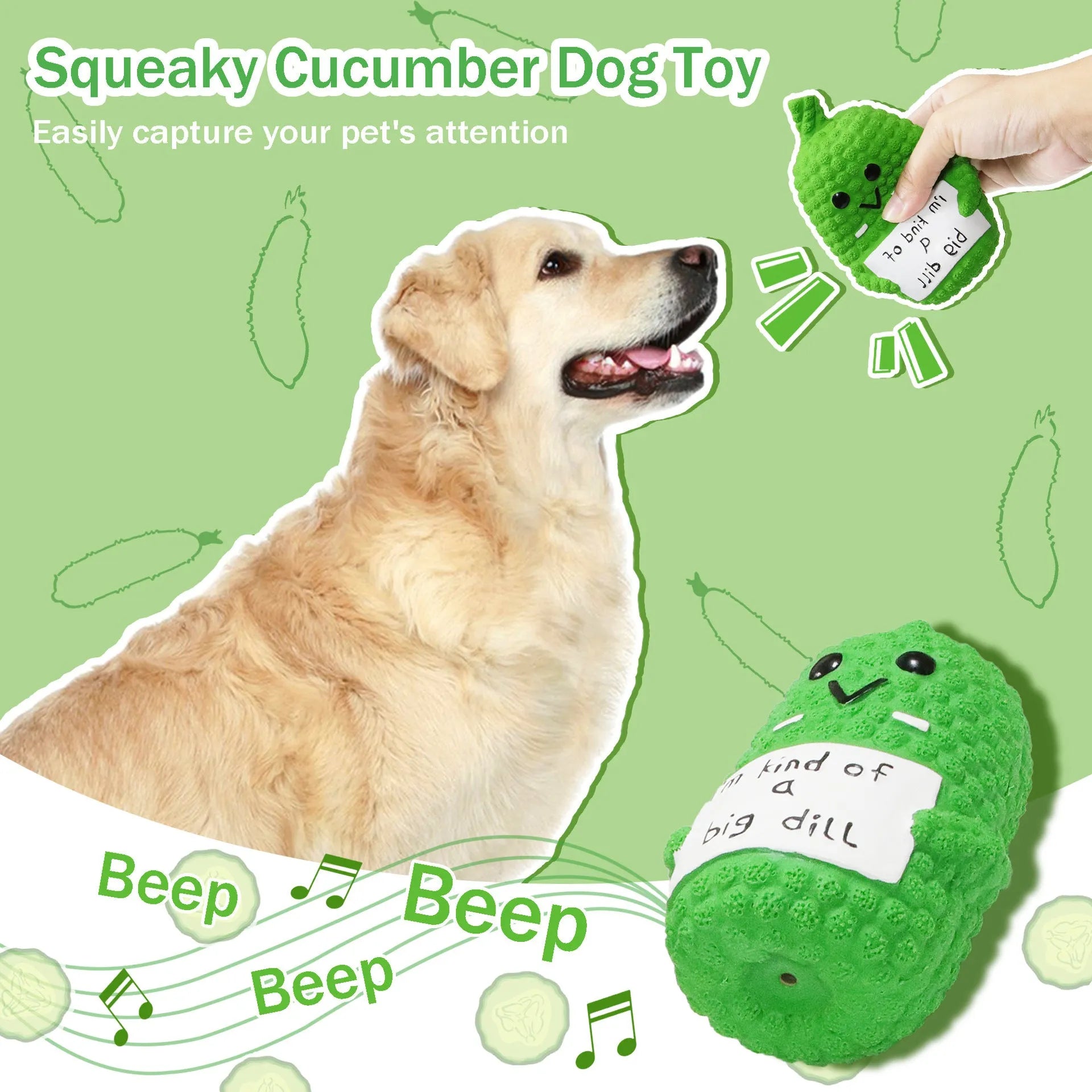 Green latex pickle-shaped dog chew toy with textured surface and squeaker