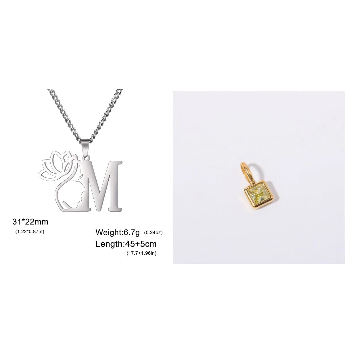 Stainless steel necklace with a single alphabet letter pendant on a cross chain, in gold or silver colour.